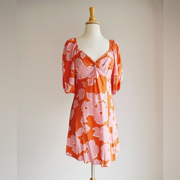LES SEREIN Orange and Pink Floral Puff Sleeve Sundress Small - Picture 1 of 6